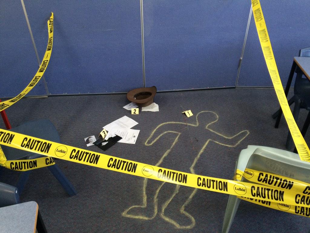 tom_ackland's tweet photo. One way to effectively teach history - set up a classroom crime scene #ackoteach http://t.co/YjPeL4f0EU