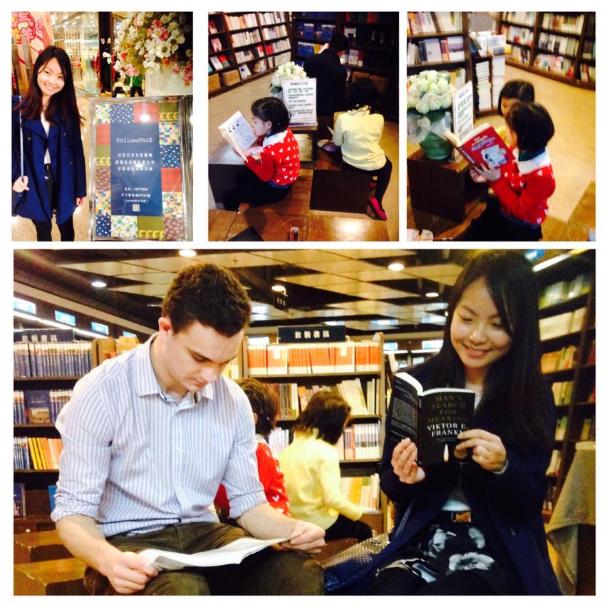 V. special moment discussing philosophy in Chinese bookstore. 2 little girls transfixed by their books behind. #china