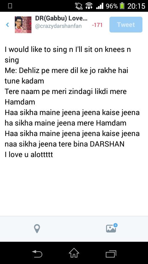 darshan_holics's tweet photo. "@crazydarshanfan: @darshan_holics I'll sit on knees n I'll sing this song @DarshanRavalDZ http://t.co/EXW1dIYK98"
Loved ur answer!
