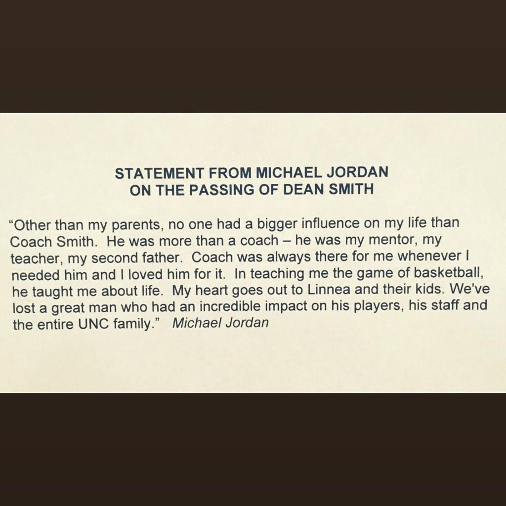 MarcJSpears's tweet photo. Michael Jordan statement on the passing of Dean Smith. http://t.co/zvNgIniu30