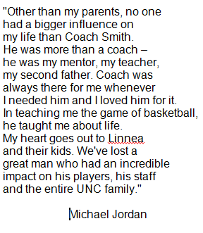 SportsCenter's tweet photo. Michael Jordan’s statement on the passing of his former UNC coach Dean Smith. http://t.co/AEldXLqO8g