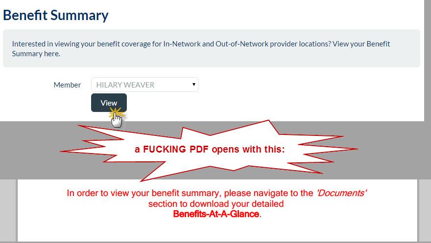 g33klady's tweet image. Attempting to view Benefits Summary. A PDF opens, telling me to go somewhere else on the site #badsoftware