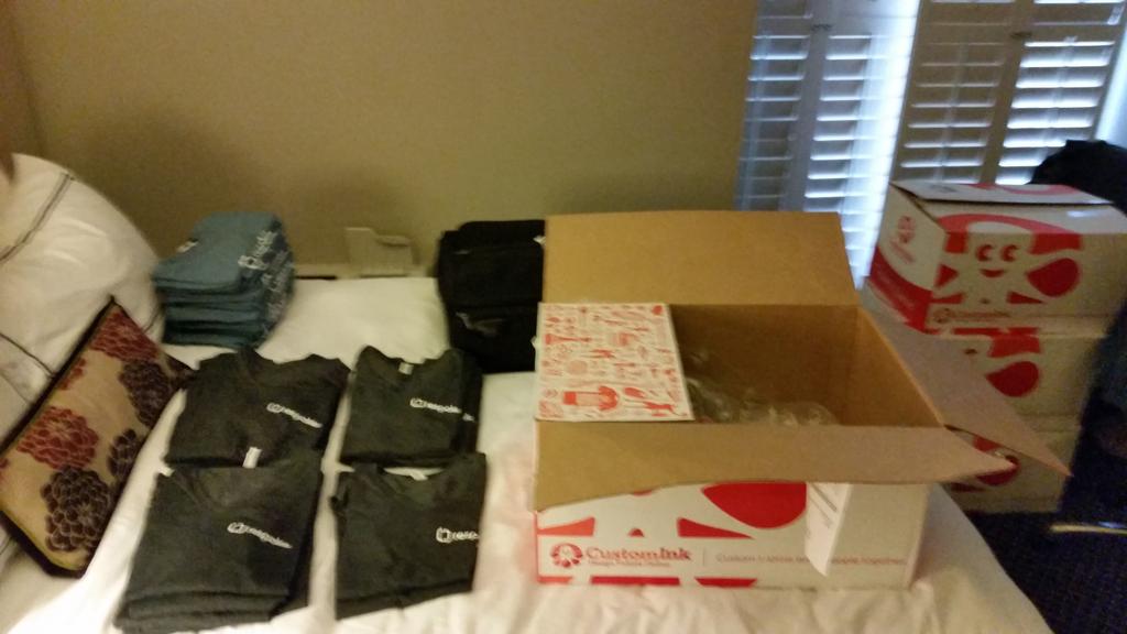 cwilsonhsv's tweet image. Not enough room for all these t-shirts. Get yours today at the #DevWeek15 hackathon @Respoke table w/ @geekgonenomad