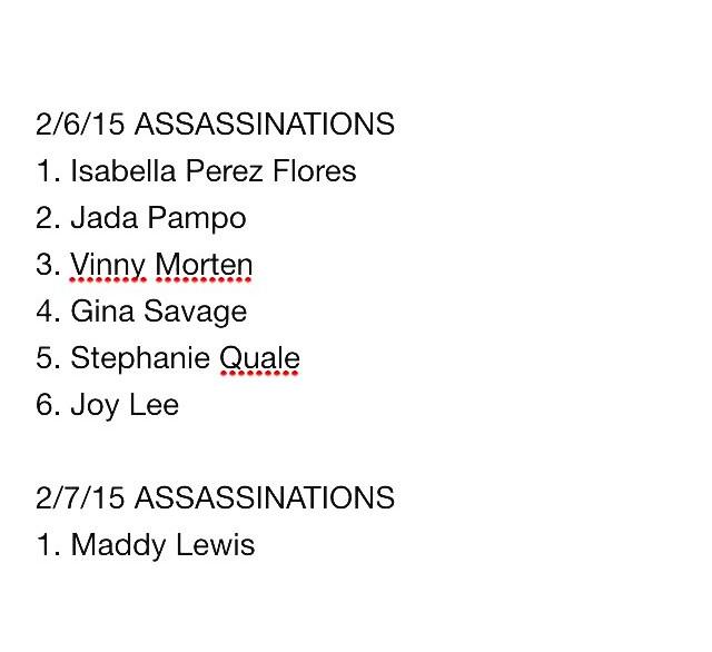 assassin_ahs's tweet photo. Assassinations for Friday and Saturday http://t.co/tsKMNbpMFP