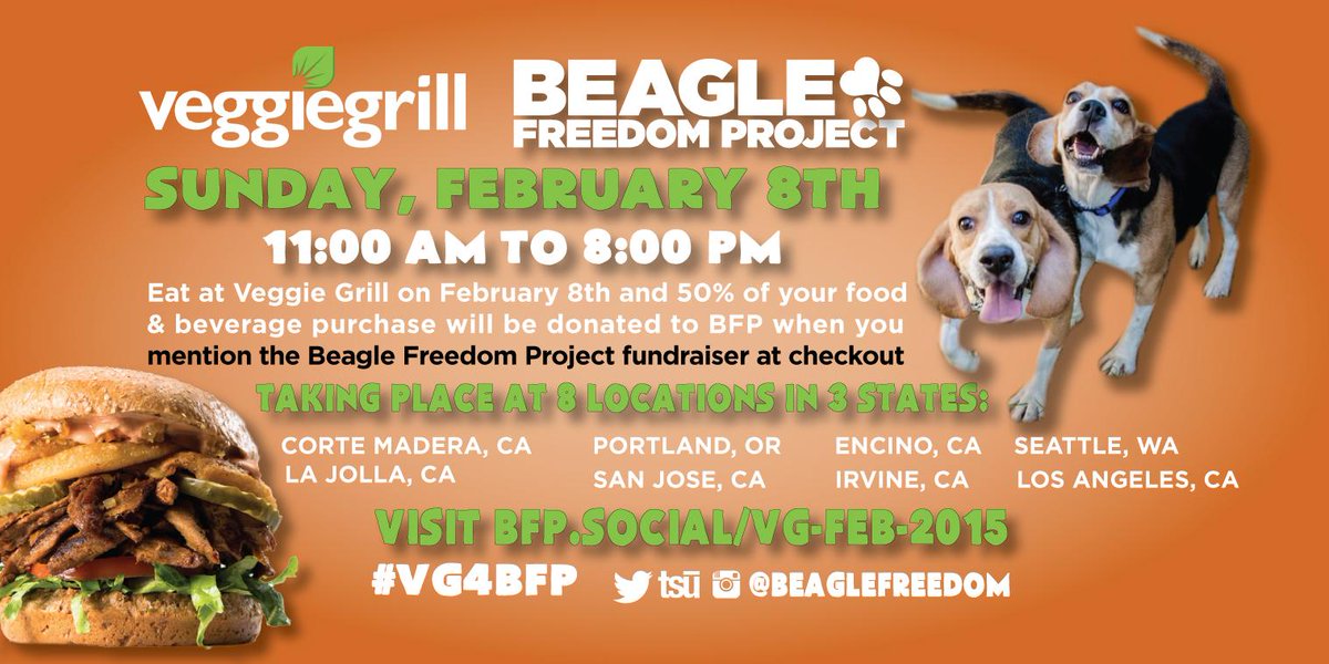 beaglefreedom's tweet image. Eat @VeggieGrill TODAY until 8PM. Mention our fundraiser. Participating locations: BFP.social/VG-FEB-2015 #VG4BFP