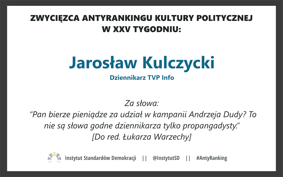 InstytutSD's tweet photo. Zwycięzcą 25. #AntyRanking Kultury Politycznej jest red. J. Kulczycki z @tvp_info za słowa w rozmowie z @lkwarzecha http://t.co/u0ut447MPM