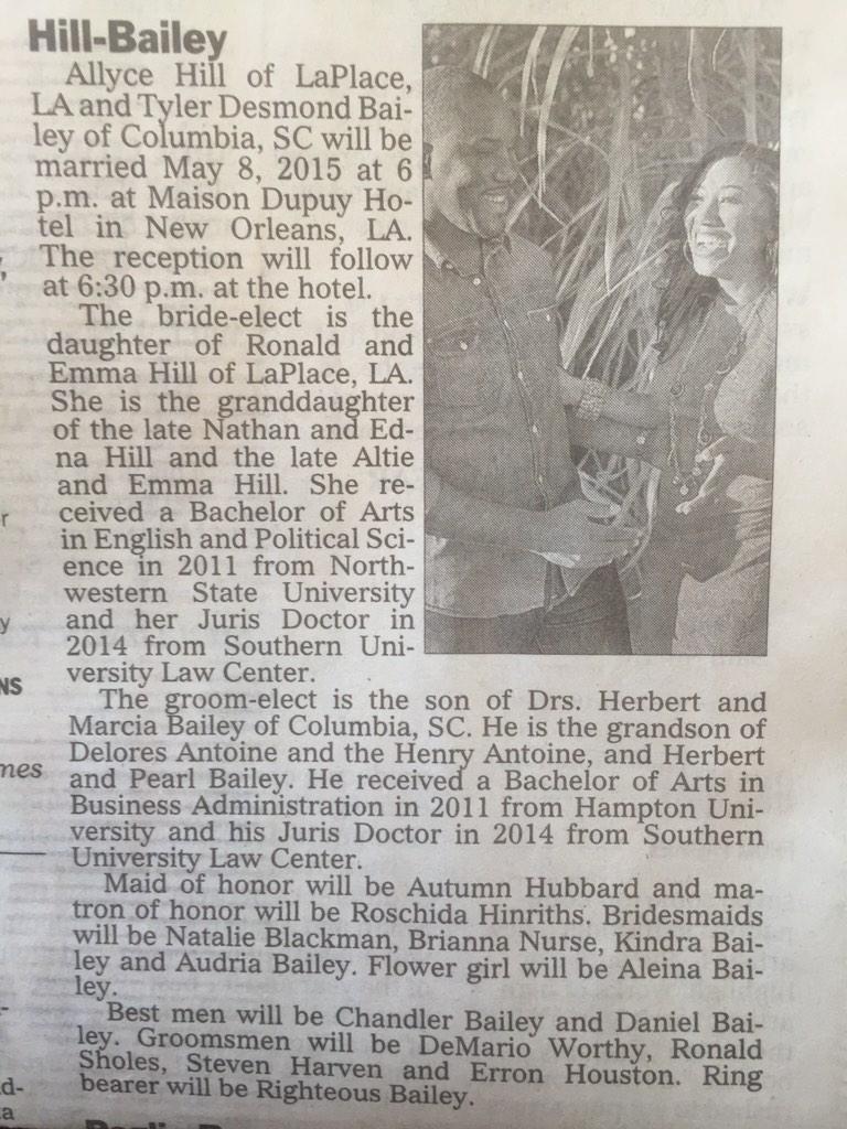 My son's <a href="/TylerDBailey/">Tyler D. Bailey, Esq</a> &amp; @AllyceHill wedding announcement in our local paper today