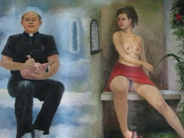 cubanfineart's tweet photo. @halfgallery like the priest & the jinetara #painting by #CarlosAriel #beatingthemeat #chokingthechicken #cuba #art http://t.co/fmxgQ0Xa81