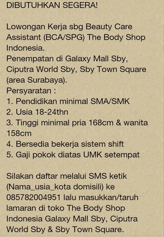 AlamsyahZhar's tweet photo. @eventsurabaya Dibutuhkan lowongan sbg BCA/SPG The Body Shop Indonesia area Surabaya. Mhn bantu share ya min :) http://t.co/Du8qeuyUAB
