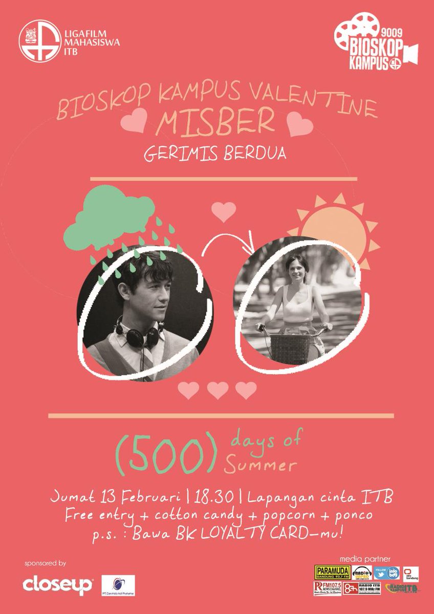 Yuk datang ke <a href="/BioskopKampus/">Bioskop Kampus LFM ITB</a> Misber #GerimisBerdua nonton ‘500 Days of Summer’ Jumat 13.2.15, Lapcin ITB, 18.30 FREE!
