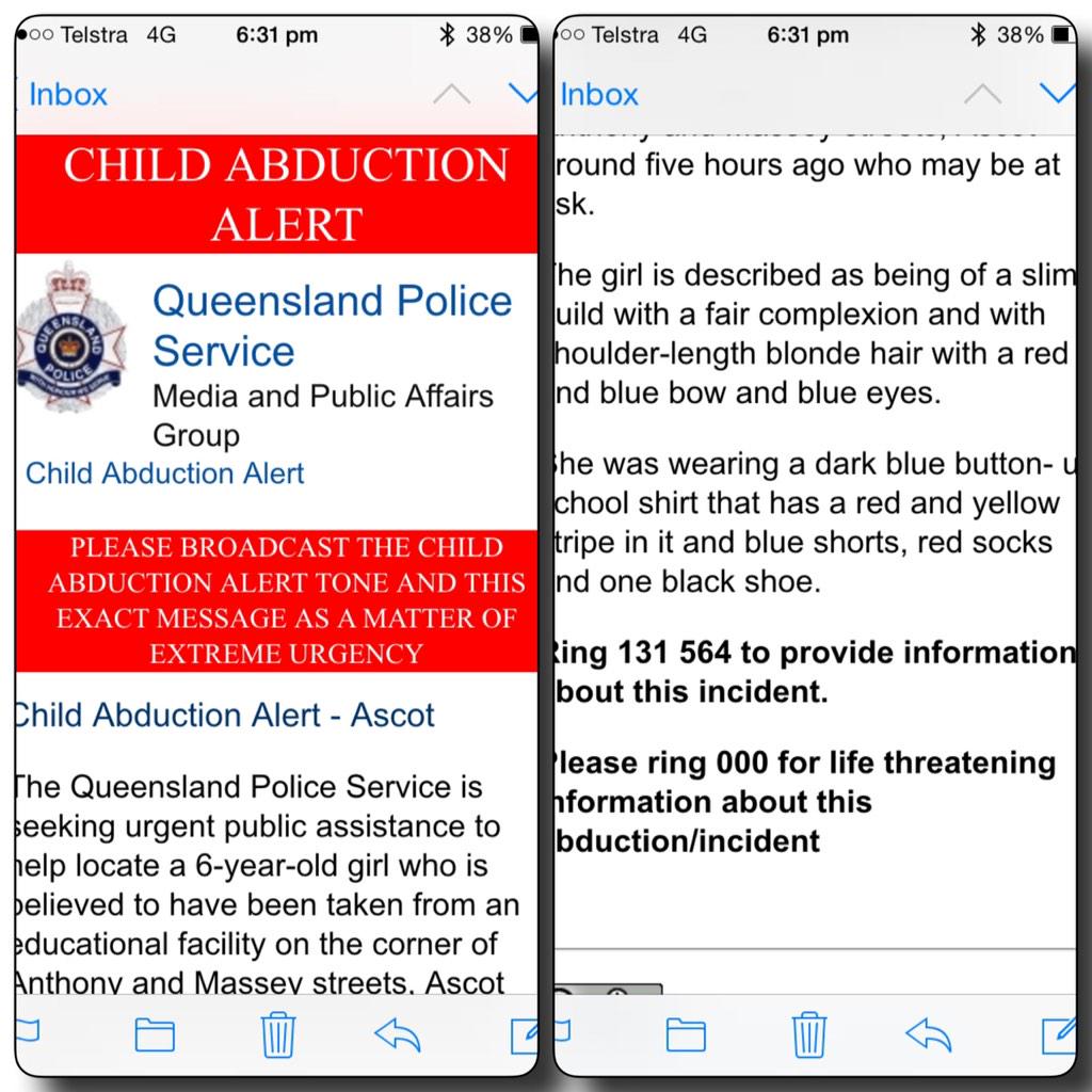 JoelDry9's tweet photo. Child abduction alert from @QPSmedia @9NewsBrisbane http://t.co/zCHAfxf6ky