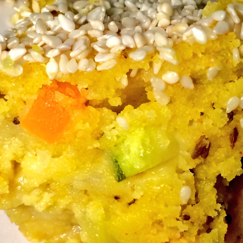 JavaWestend's tweet image. Freshly baked just now! "Haandwo" spicy semolina cake w carrots, courgettes &amp;amp; topped with sesame seeds 😋 From 10am!