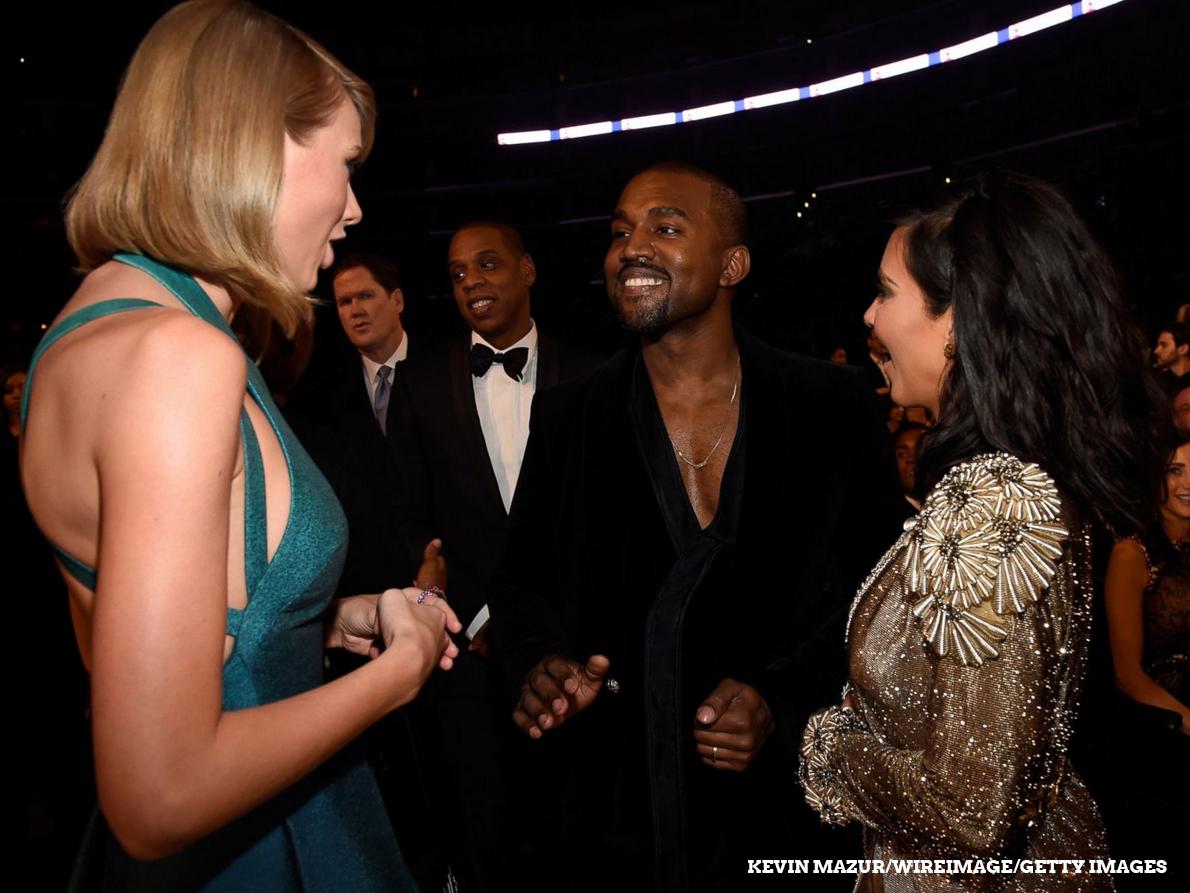 GMA's tweet photo. YES. No caption needed. #GRAMMYs 

(@taylorswift13 @kanyewest) http://t.co/JVrP1p252w http://t.co/iNbjvw0F3Z