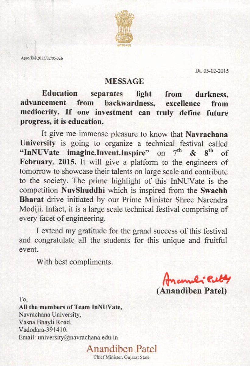 NavrachanaUni's tweet photo. Thrilled to share the letter from Hon'ble Chief Minister, @anandibenpatel ,encouraging us for #inNUVate, @tejal_amin http://t.co/GnUm2l5ULG