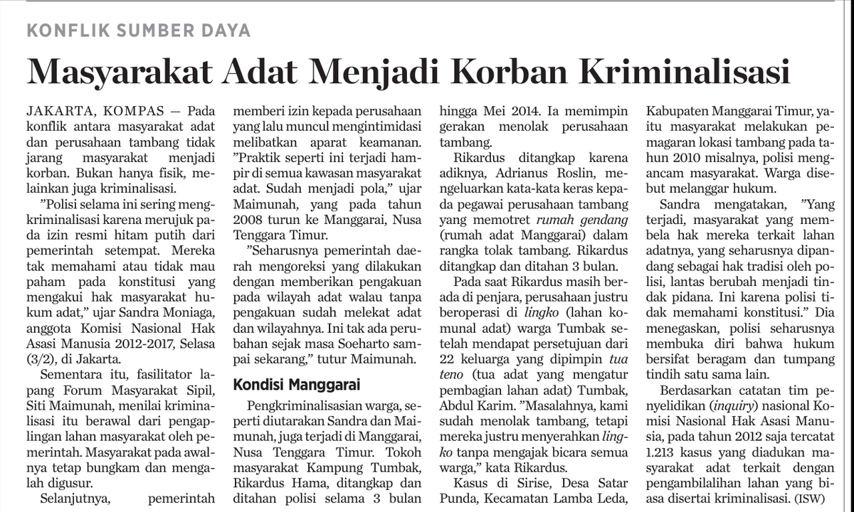 petisi35's tweet photo. Artikel #MasyAdat menjadi korban #Kriminalisasi, @kompas.com edisi 4/2/15 | #Fakta kehidupan #MasyAdat at #Manggarai http://t.co/M5p4L2nJ2l