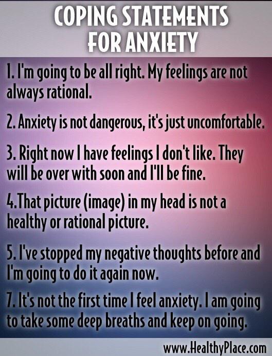 JenVeechTherapy's tweet photo. Coping statements to tell yourself when anxiety gets carried away. #CopingSkill #MentalHealth #SelfTalk #Anxiety http://t.co/EibVeokE7g