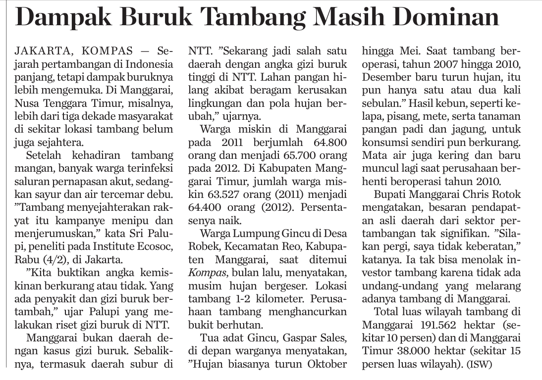 petisi35's tweet photo. #Artikel Dampak Buruk tambang Masih Dominan, @kompas.com, 5/2/15 | #MasyAdat tetap menjadi #Korban #Manggarai #NTT http://t.co/ZLlOjy2LsM