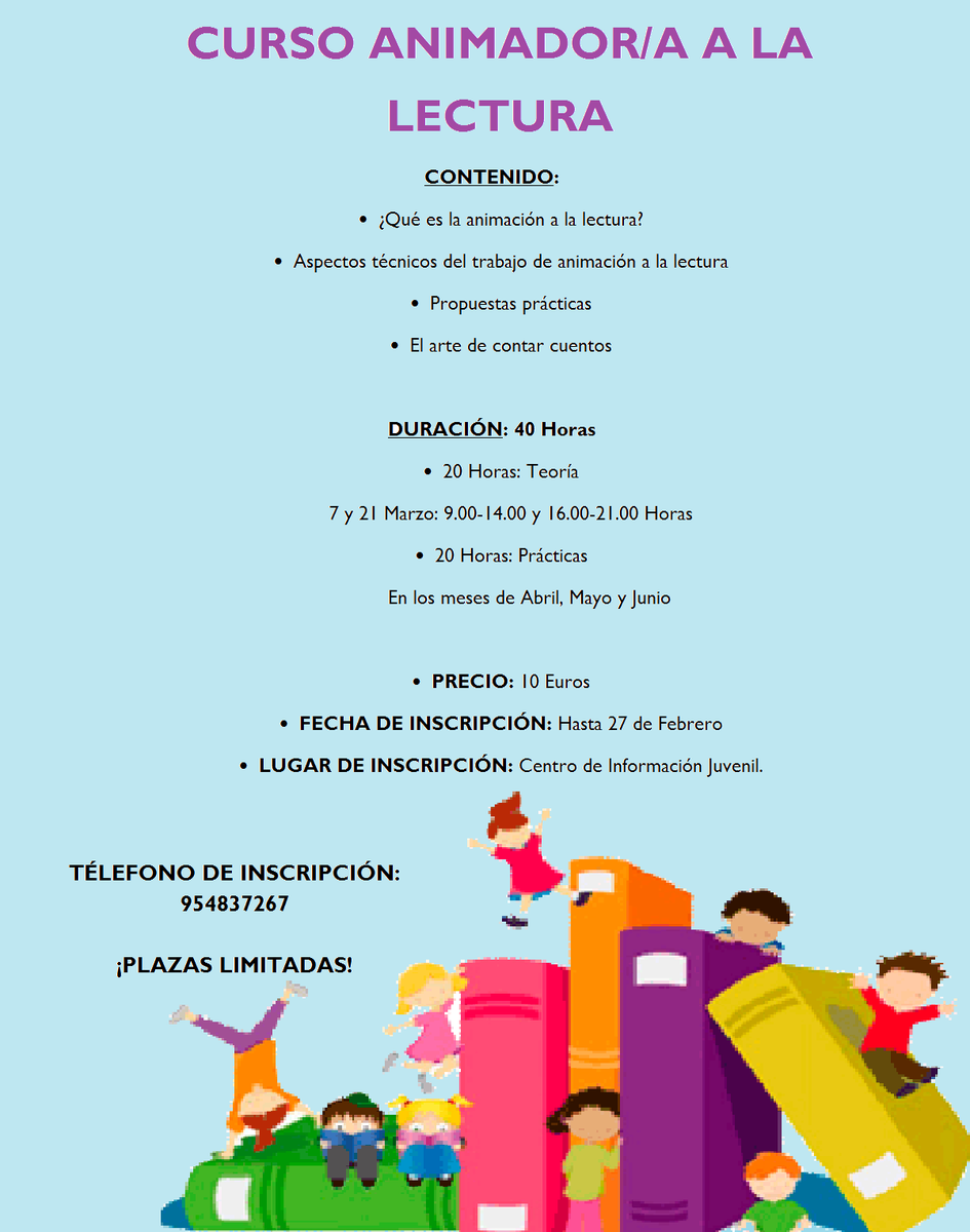 FuentesJuventud's tweet photo. Curso de ANIMADOR/A A LA LECTURA de 40 horas (20 teórica y 20 prácticas). Cuesta 10 Euros + Información 954837267 http://t.co/gr4JEs3ZxG