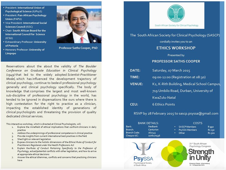 sascp_psyssa's tweet photo. SASCP invites you to an ETHICS WORKSHOP, presented by Prof Saths Cooper - (e) sascp.psyssa@gmail.com http://t.co/xS8XwxPxBV