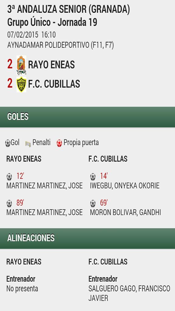 <a href="/RayoEneas/">Rayo Eneas Albayzin</a> vs <a href="/CFcubillasofc/">FC cubillas oficial</a> 
Gol con sabor agridulce, ya que sólo se pudo sacar 1 punto. <a href="/DeporteGR/">Deporte Granada</a> <a href="/lapreferente/">lapreferente.com</a>