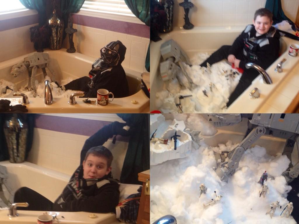 TeamTobyRocks's tweet photo. Toby can't be out when it's this cold, but he's playing in the snow anyway-in the Hoth-Tub! #RebelScum #TakeThatMito http://t.co/MoJIb0O2aA