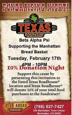BetaAlphaPsiKSU's tweet photo. Don't forget to tell all your friends to stop by Texas Roadhouse tomorrow to support the Flint Hills Bread Basket! http://t.co/Ch2M3e9qBv
