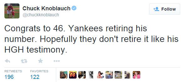 SportsCenter's tweet image. Former Yankees second baseman Chuck Knoblauch takes a shot at Andy Pettitte after hearing of his jersey retirement.