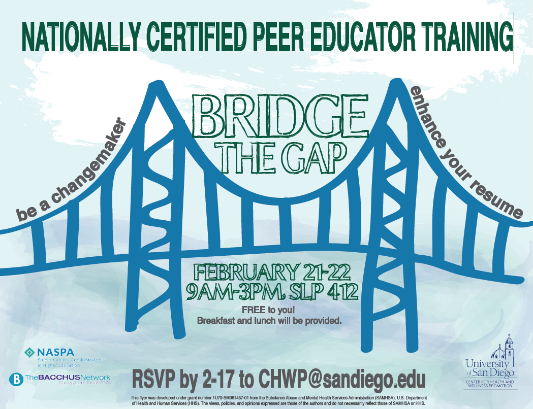 "Peer education makes the campus community a better place" Be a part of the impact...register today! <a href="/BeWellUSD/">USD Student Wellness</a>