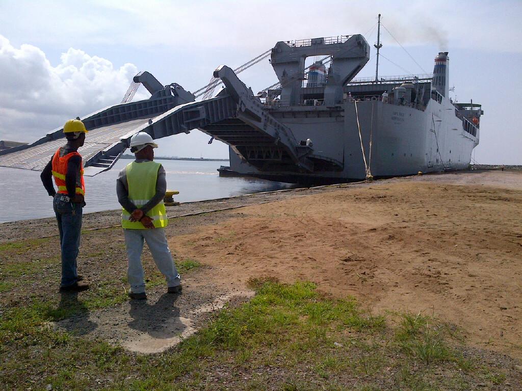 JFCUA's tweet photo. Ship that will carry equipment, cargo, &amp; vehicles of units who supported #UnitedAssistance back to the U.S. arrived http://t.co/mzZXwXPhMT