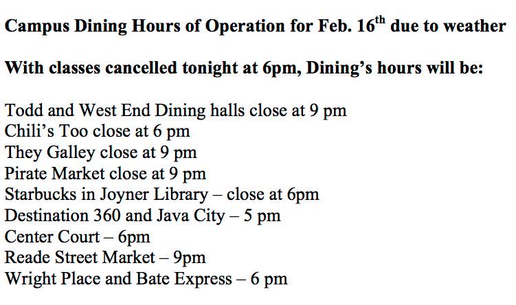ECUInnerPirate's tweet image. #ECUWeather - @ECUDining Correction - These are hours for tonight - Feb. 16th not the 17th. Sorry about that.