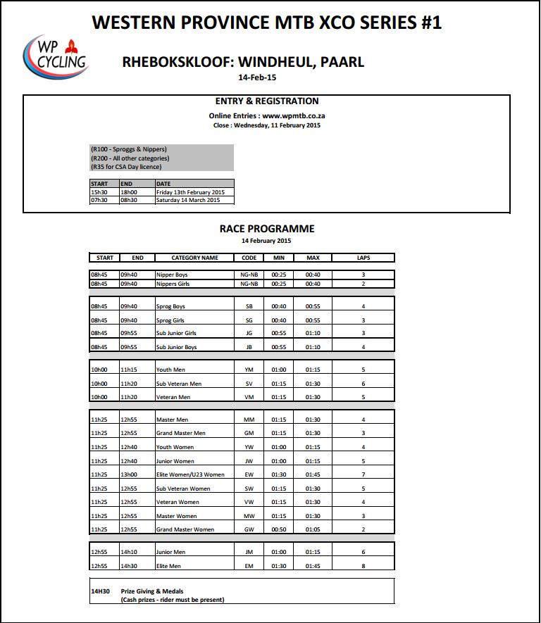 Race schedule for the WP MTB XCO Series #1 on 14 February 2015 at <a href="/rhebokskloof/">Rhebokskloof Estate</a> .