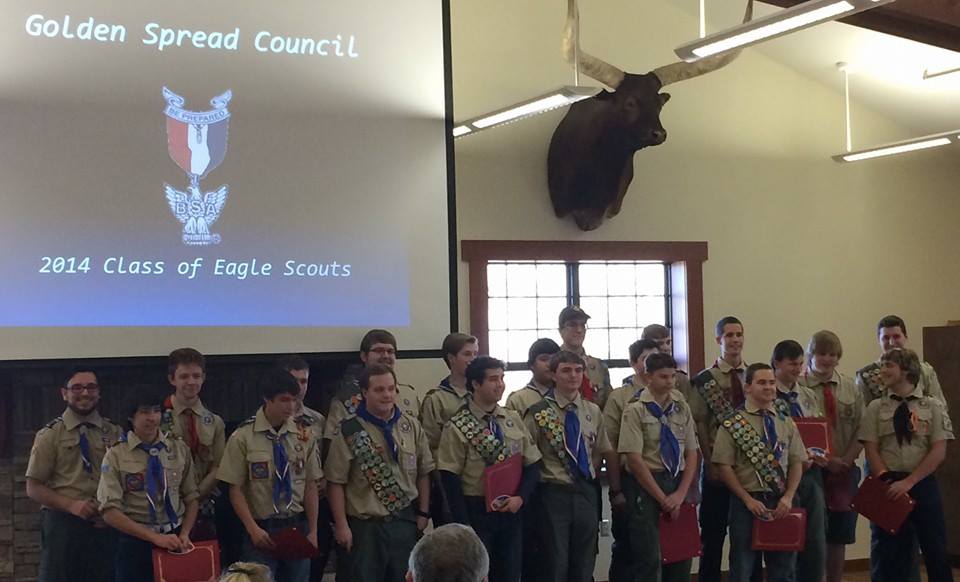 Harpole4Mayor's tweet photo. New Eagle Scouts of the Golden Spread Council celebrating at Camp Don's new dining hall. Some very sharp young men. http://t.co/urwR2EgAzt
