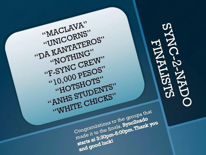 sync2nado's tweet photo. We are proud to announce the finalists of Sync2nado 2015 finalists please take note of the reminders, thank you! http://t.co/t5mtzoeZNA