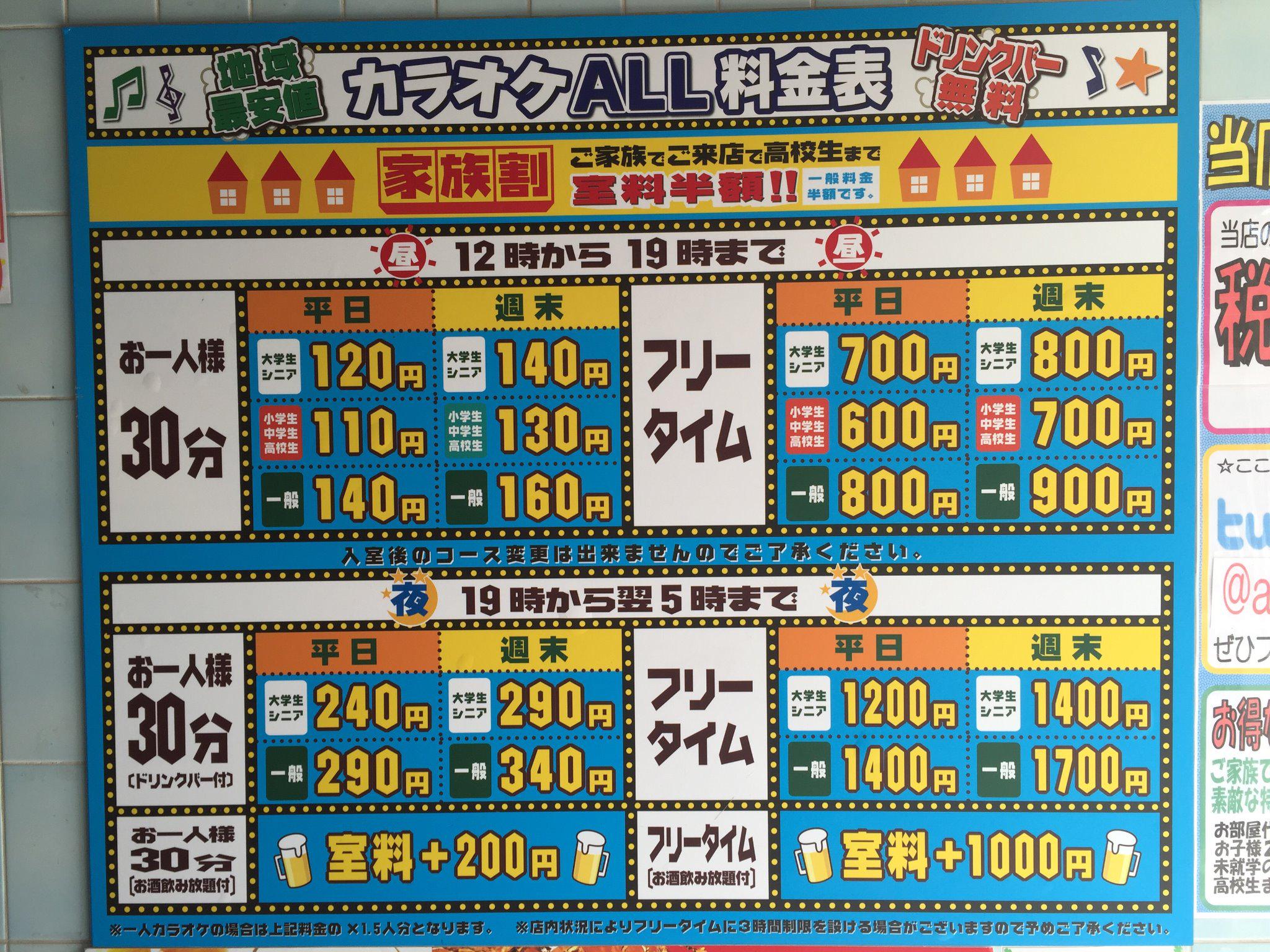 わくわくカラオケグループ カラオケall高坂店紹介その２ 営業時間 昼１２時 翌朝５時 全コースドリンクバー無料 地域最安値 フリータイムは平日１９時 学生１２００円 一般１４００円 ファミリーに大好評パパママ会員 ファミリーでお越しのお子様室料
