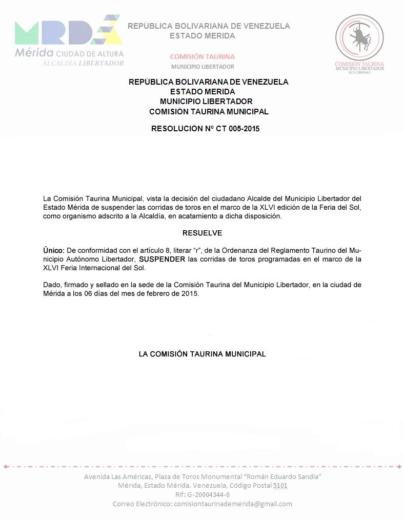 ferisolmerida's tweet photo. COMISIÓN TAURINA FERIAL SE PRONUNCIA Y RATIFICA SUSPENSIÓN DE LAS CORRIDAS DE TOROS EN MÉRIDA @UNoticias #GRAMMYs http://t.co/ipzqVChu08