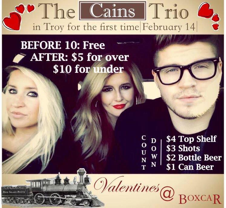 BoxcarTroy's tweet photo. @TheCainsTrio we'll be with us to bring in a very special Valentines Day!!! See you there on Saturday! http://t.co/mQC3nsGqFB