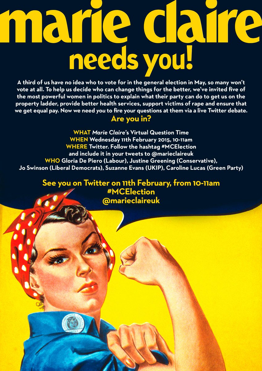 Looking forward to answering Q's from <a href="/marieclaireuk/">Marie Claire</a> readers this Wednesday @ 10am for the #MCElection debate.