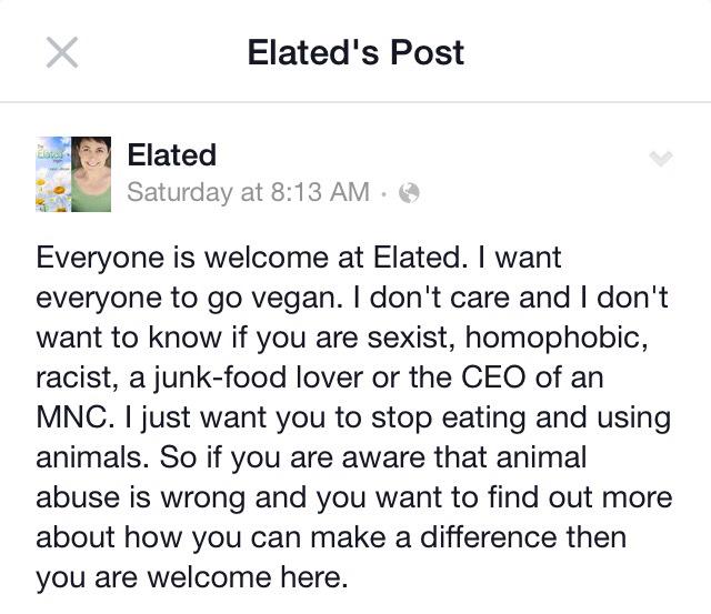 FYI: <a href="/karenelated/">Elated Vegan Health</a> is totally down with racists, sexists, &amp; homophobes in the #vegan movement.

That is pretty fucked.