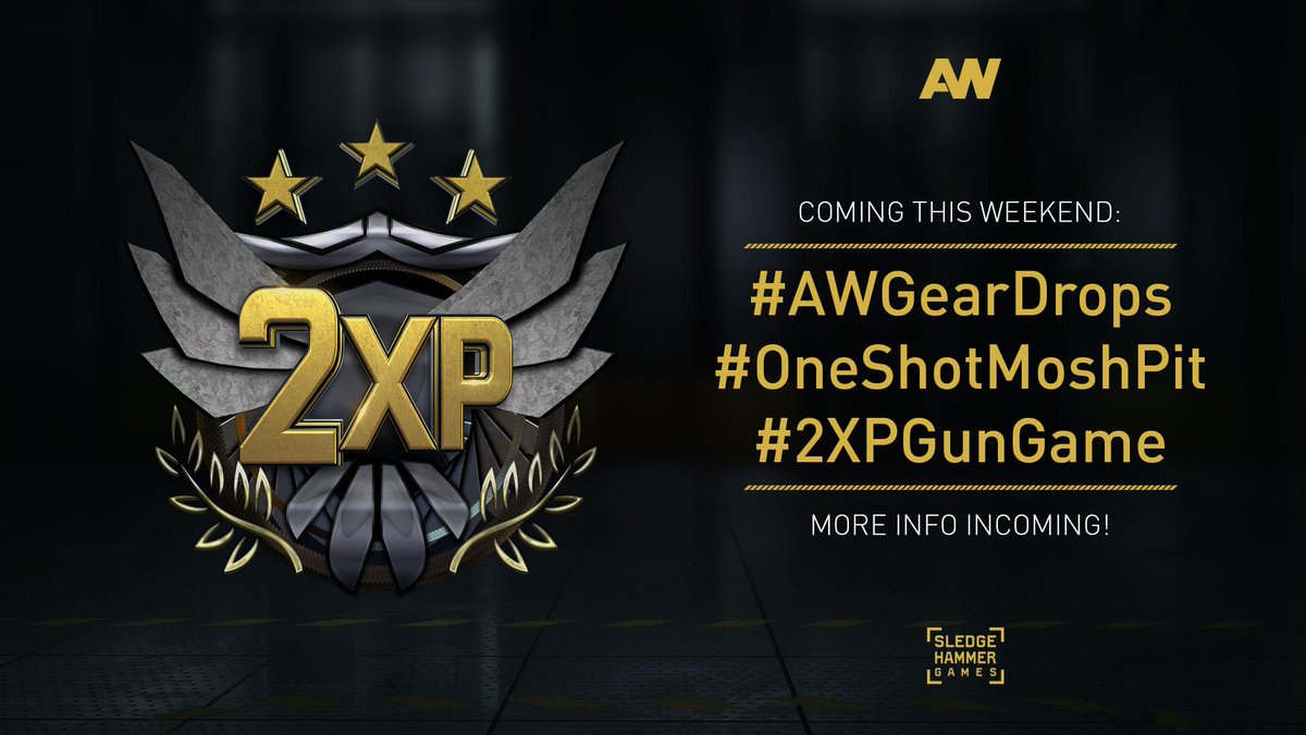 SHGames's tweet photo. COMING THIS WEEKEND to @CallofDuty #AdvancedWarfare: 
#AWGearDrops 
#OneShotMoshPit
#2XPGunGame http://t.co/z0QXT54HWp
