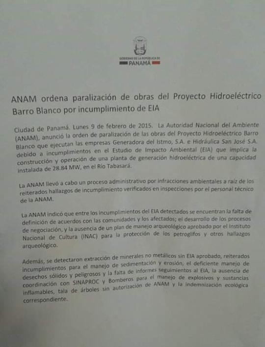 josedlmar's tweet photo. [COMUNICADO] ANAM ordena paralización de obras del proyecto Hidroeléctrico de Barro Blanco http://t.co/4lAv5H5aP1