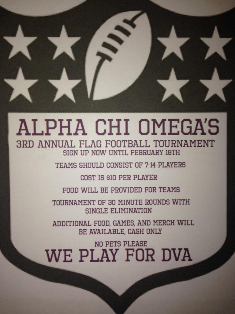 erikastanish's tweet photo. Come out and sign up for our flag football tournament! Think you're good? Show us what you got! #supportDVA #ΑΧΩ 💜🏈 http://t.co/QmmTK70mpT