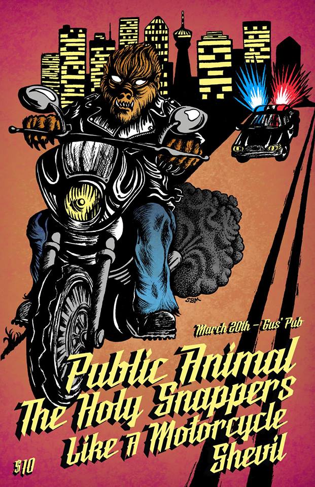 Rock'n'roll March 20th <a href="/GusPub/">Gus' Pub</a> with <a href="/ThePublicAnimal/">Public Animal</a>, @likeamotorcycle, and Shevil!