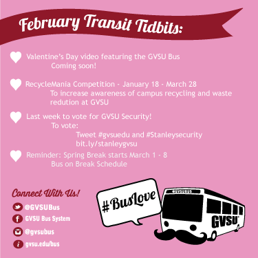 GVSUBus's tweet photo. Love in the air! Watch V-Day bus video & vote #gvsuedu #StanelySecurity! #TransitTidbits #BusLove
@GVSU @TheRapid http://t.co/Bx3oHi0dzh
