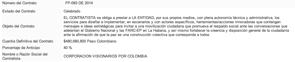 Contrato entre el Gobierno Nacional y el profesor, ex alcalde de Bogotá y ex candidato presidencial del partido verde, Antanas Mokus Sivickas, para promover marchas y o movilizaciones a favor de la paz. Analista León Valencia tiene un contrato de $1.000 millones para impulsar la paz