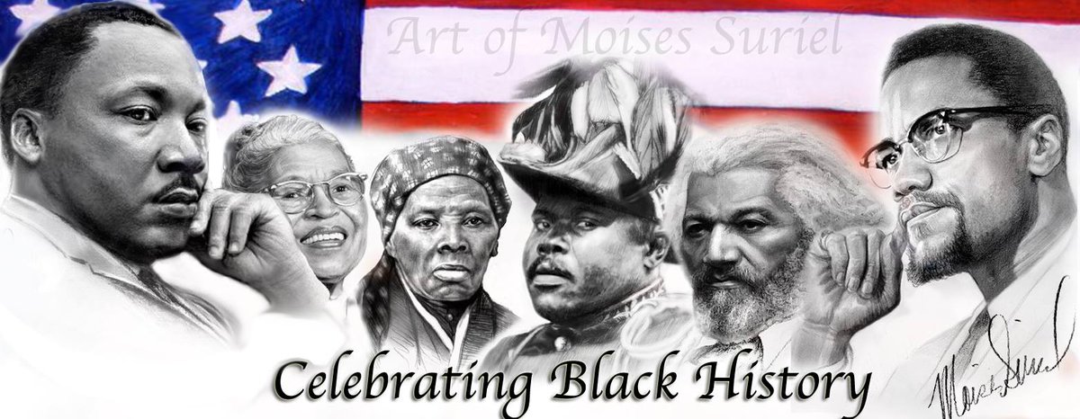 SeanImageking's tweet image. #BlackHistoryMonth Banner by Portrait Artist @moisessurielart 
#MartinLutherKing #RosaParks #marcusgarvey #MalcolmX