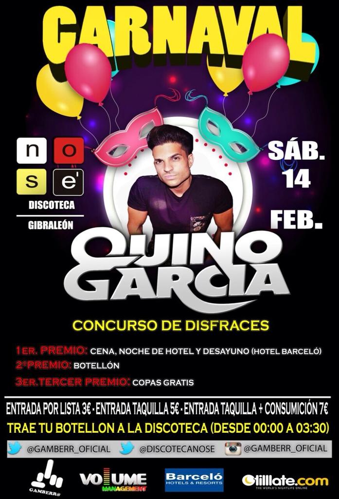 DiscotecaNoSe's tweet photo. SÁBADO 14🎊CARNAVAL🎊

DJ INVITADO: 🎧QUINO GARCIA🎧

-CONCURSO DE DISFRACES👷
-TRAE TU BOTELLON🍹

-ENTRADA LISTA 3€ http://t.co/2TIV4lhElU