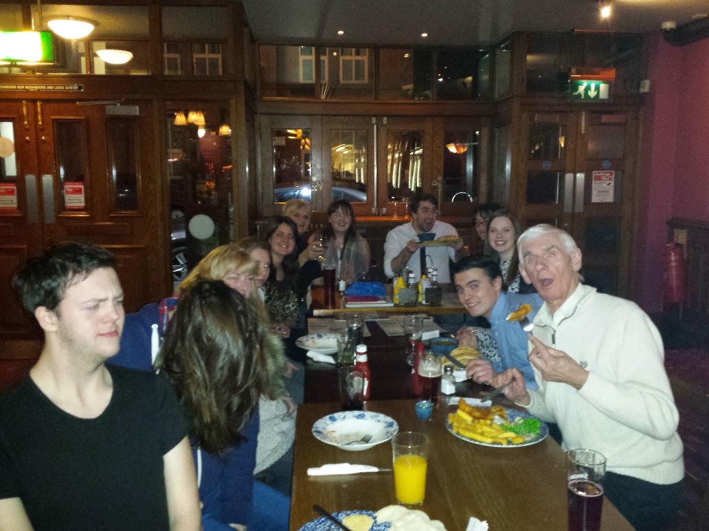 WoodseatsMTC's tweet photo. #CalamityJane Tonights thoughts... Tikka, fish, chips and alcohol! Great end to a great rehearsal. #workhardplayhard http://t.co/TYWlcelK4N
