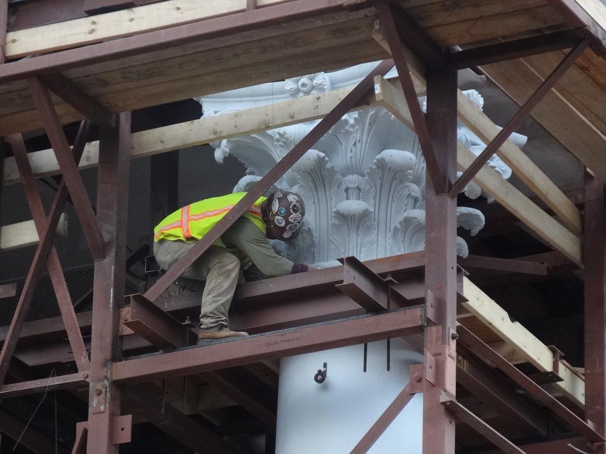 UVA_Events's tweet image. It was an exciting day at #UVa - the first of the new capitals from Carrara, Italy was installed on the South Portico