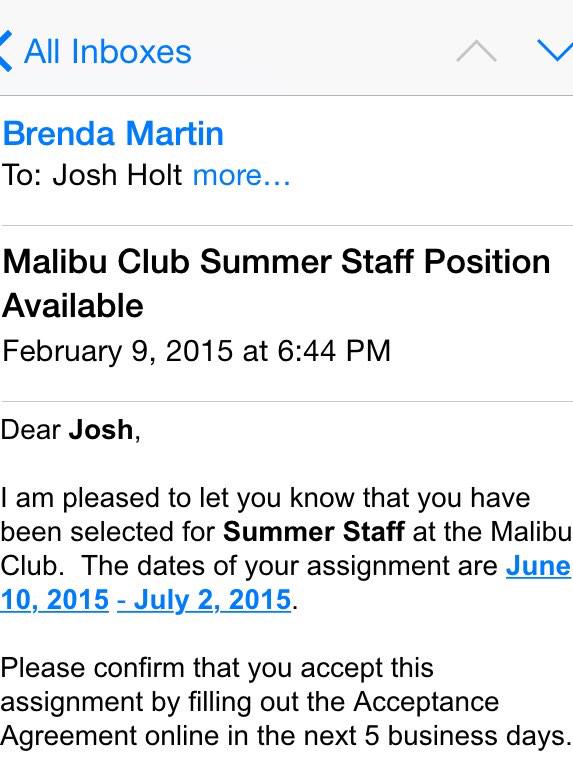 JoshHolt21's tweet photo. I GOT INTO MALIBU CLUB FOR SUMMER STAFF😳😩😄😍😝 http://t.co/v1xF6lfd6O