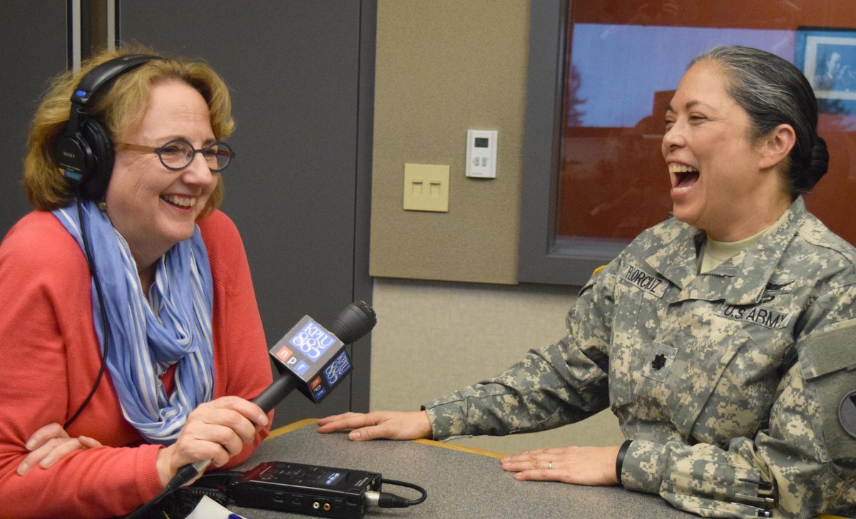 PLUNEWS's tweet photo. Lt. Col. Celia FlorCruz, who will be speaking next Tuesday at PLU, shares a laugh with @KPLU's @KPLUPaula. #PLUWinter http://t.co/qKeJEjbcDY